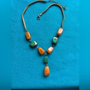 Turquoise and Amber Y Shape Necklace Leather